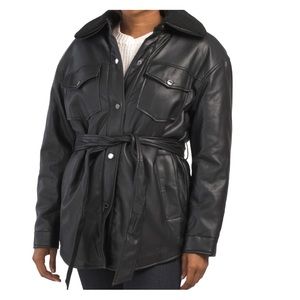 Winter Long Faux Leather Jacket Coat Trench Motorcycle Jacket Belted Coat Collar